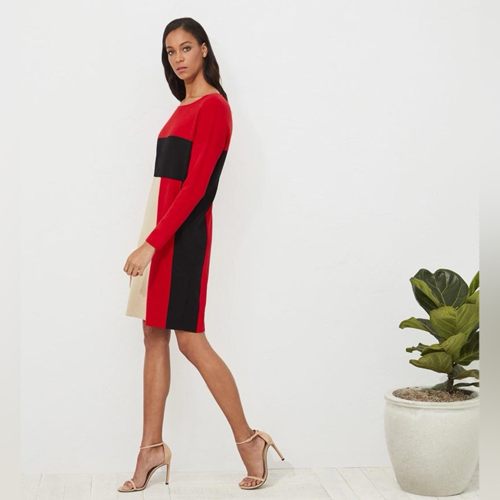Carlisle Collection Red, Black & tan color block Knee-Length knit Dress LIKE NEW